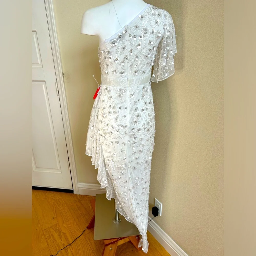 Mac Duggal NWT 4 One Shoulder Embellished High Low Asymmetric Gown White - Picture 9 of 13